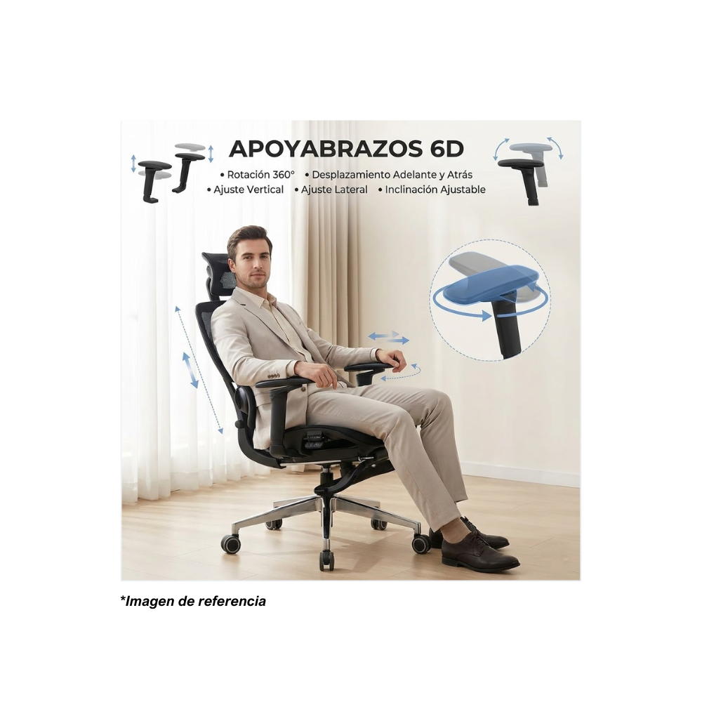 hombre sentado en una silla ergonomica usando los apoyabrazos